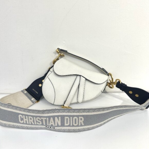 Christian Dior Saddle Bag Leather 2 Way Shoulder Bag White w/ Large Canvas Strap - Picture 1 of 7